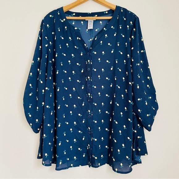 Catherine’s Lemon Print Navy Blue Button Up Top 2X Petite 22W 24W - Picture 1 of 7